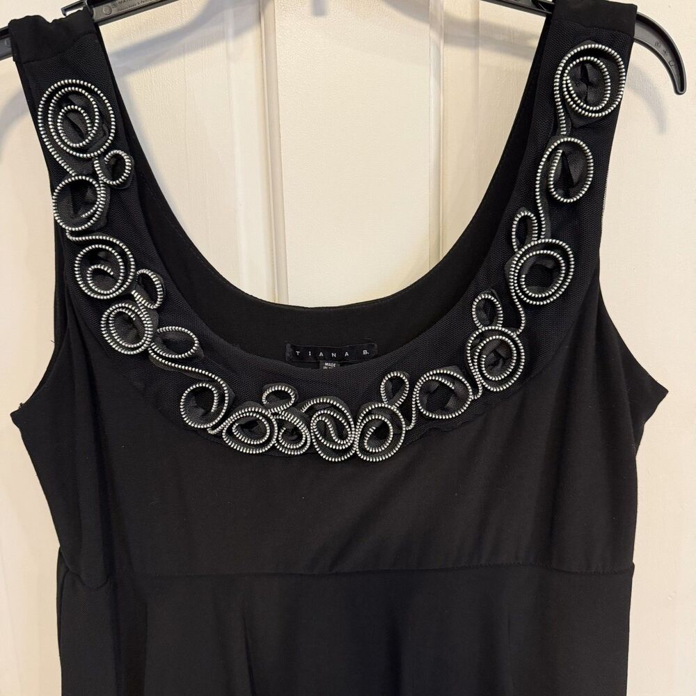 Tiana B.  Black Dress Sleeveless Layered Silver Swirl Accents Aline Tiered USA M